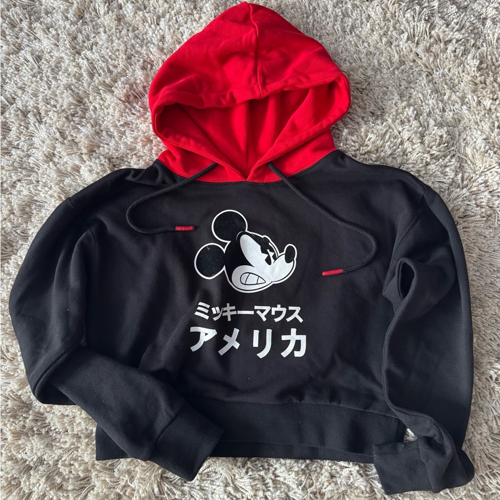 Forever 21 Red and Black Disney Mickey Mouse Cropped Hoodie